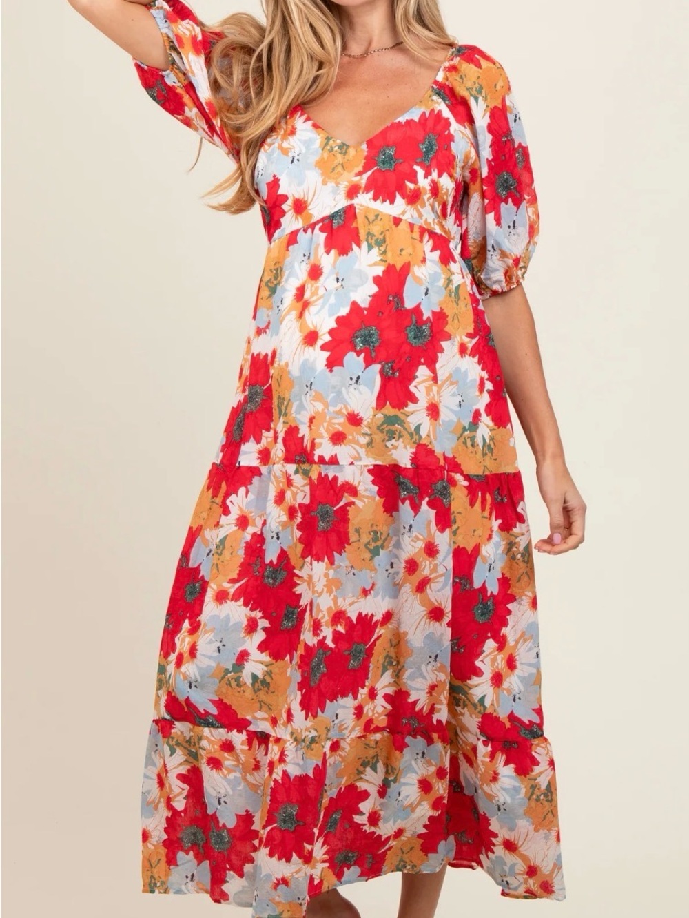 Floral V-Neck Tiered Maxi Dress in Red & Mustard maternity xl